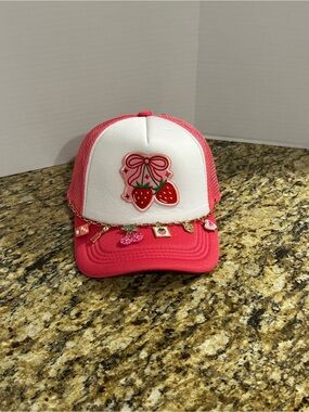 Trucker Hat in Pink w/ Strawberry, cherries, bows and charms